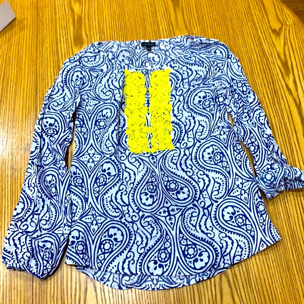 Unique Talbot Blouse, yellow beaded blue & white top, excellent Spring top!